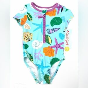 Cat & Jack Toddler Girl Zip Up Ocean Short Sleeve Swim Suit 50+ UPF 2T